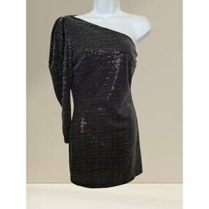 Zara One-Shoulder Black Metallic Sequin Mini Dress – Size S